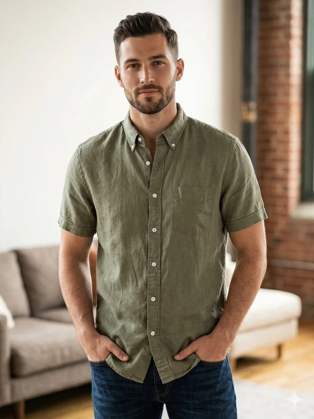 Banana Republic Men’s casual Olive Short-Sleeve Button-Down Shirt 100% Linen.